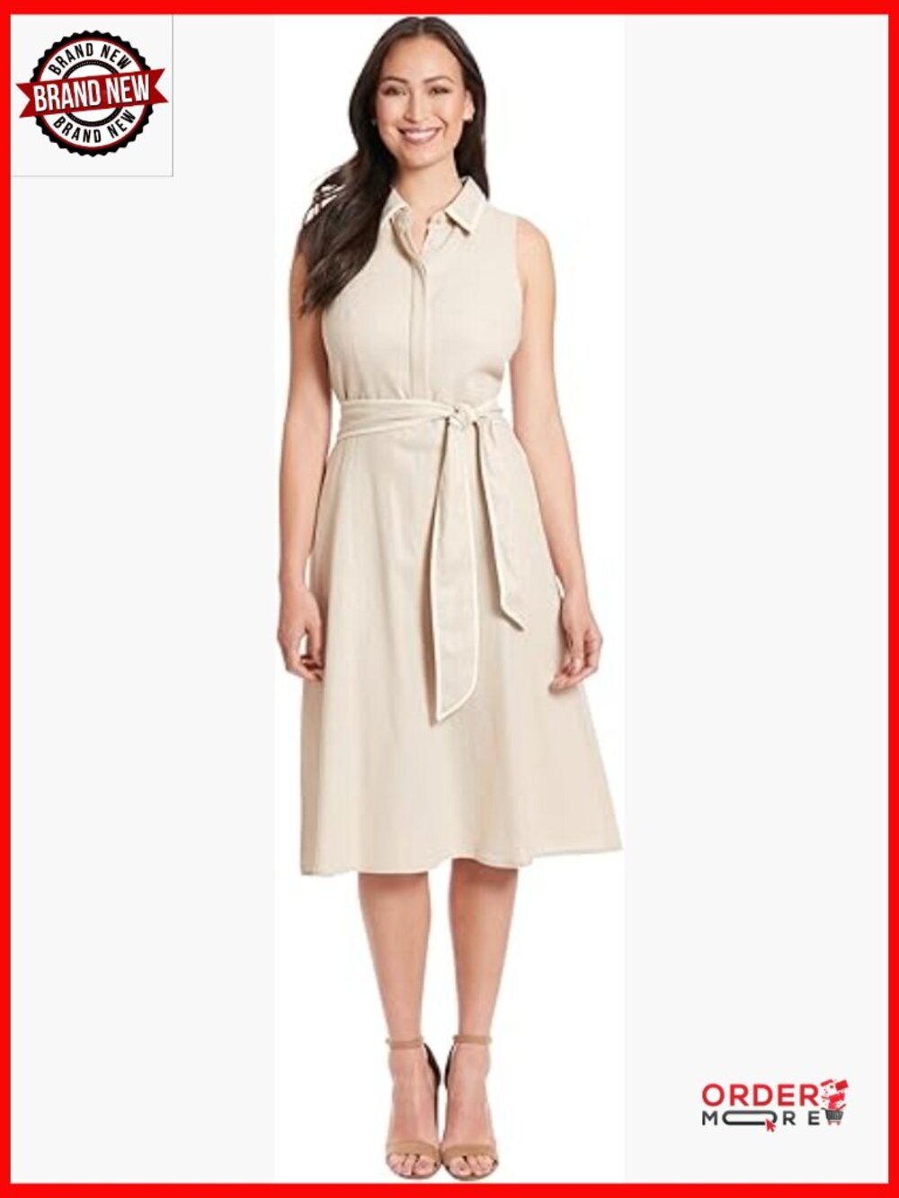 Linen Blend Sleeveless Belted Shirt Dress with Pockets